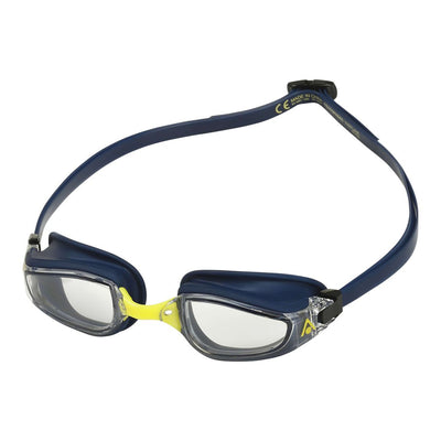 Aquasphere Fastlane swim goggles with clear lens and navy and yellow frame, second angled view