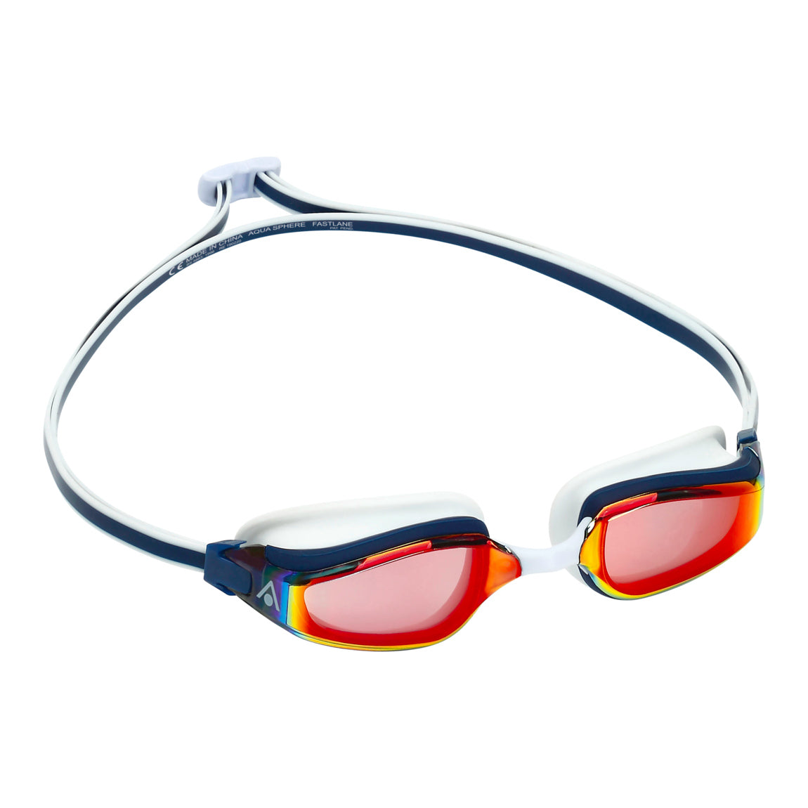 Aquasphere Fastlane swim goggles with red mirrored lens and navy and white frame, second angled view
