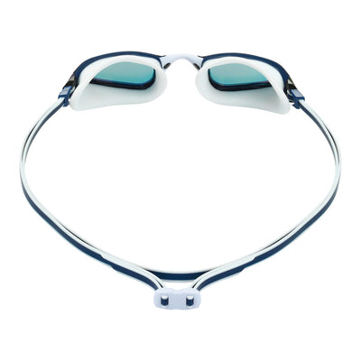 Aquasphere Fastlane swim goggles with red mirrored lens and navy and white frame, view from behind showing the strap