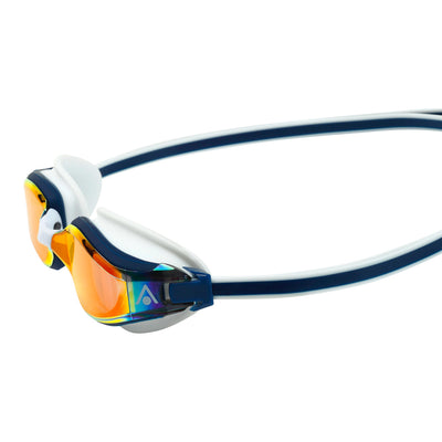 Aquasphere Fastlane swim goggles with red mirrored lens and navy and white frame, side detail view