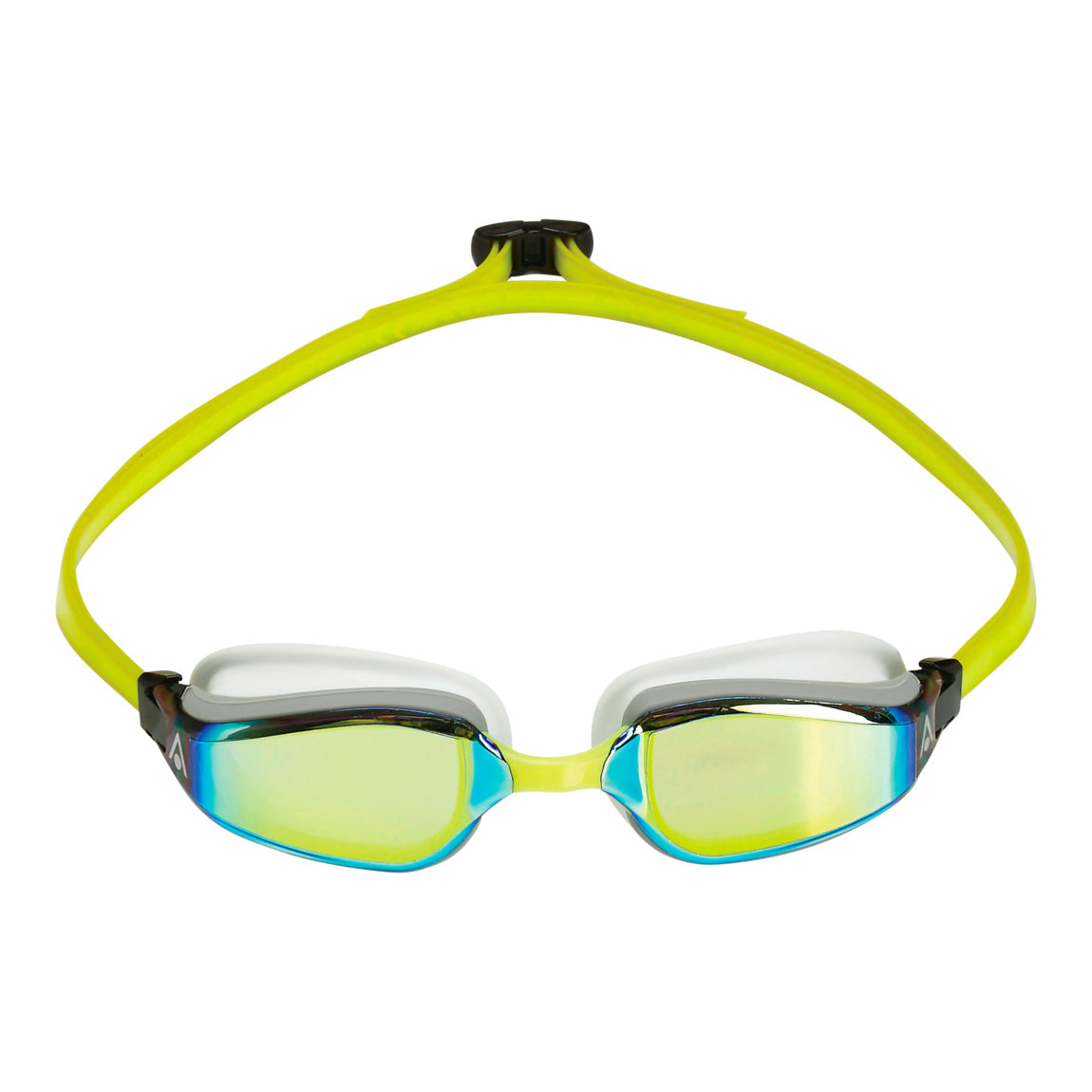 Aquasphere Fastlane swim goggles with yellow mirrored lens and white and yellow frame, front view