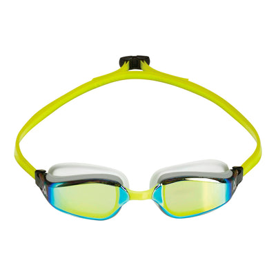 Aquasphere Fastlane swim goggles with yellow mirrored lens and white and yellow frame, front view