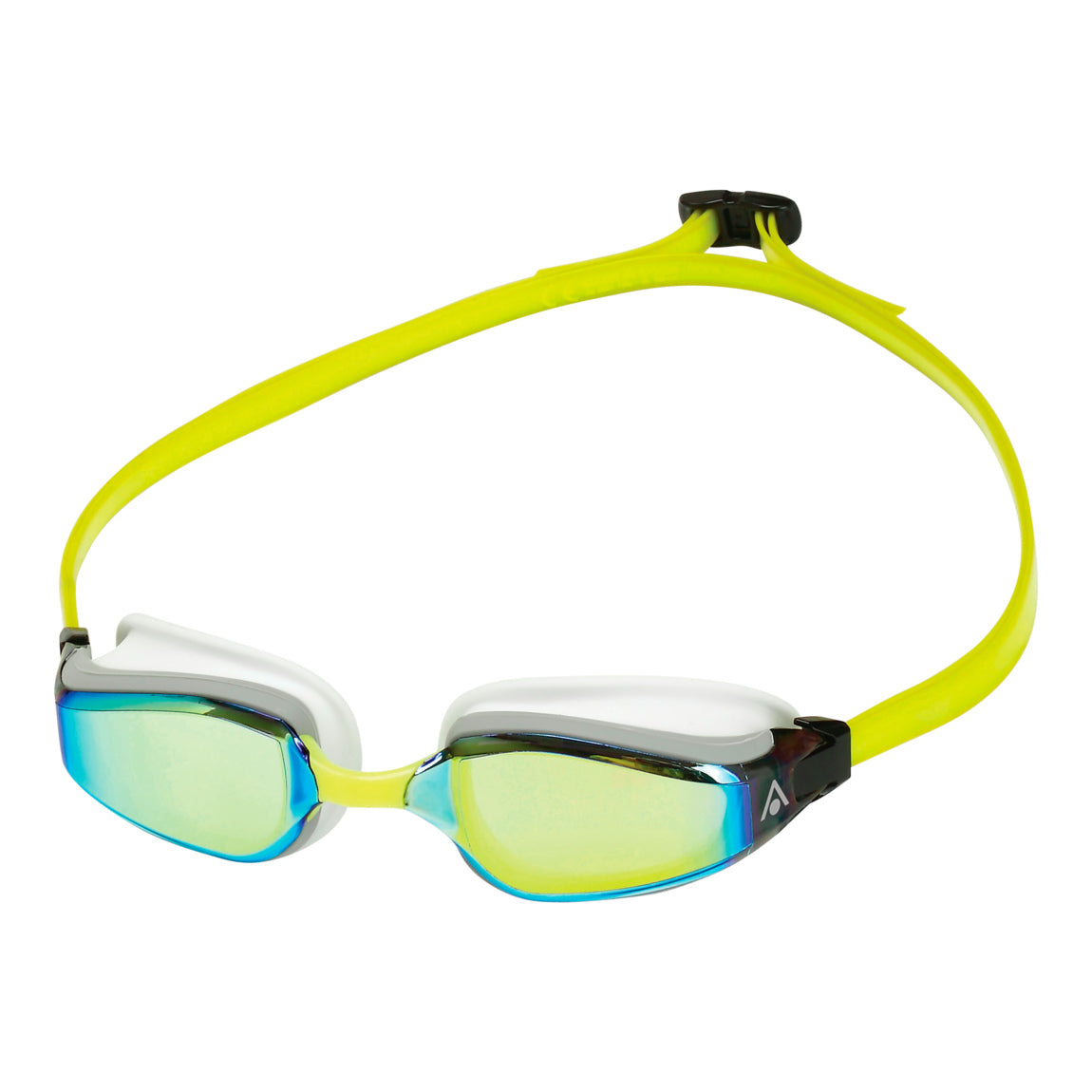 Aquasphere Fastlane swim goggles with yellow mirrored lens and white and yellow frame, angled view