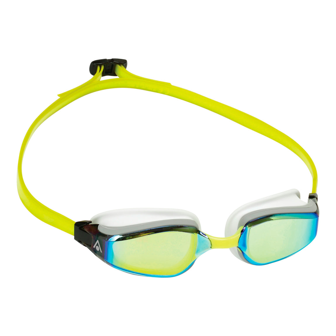 Aquasphere Fastlane swim goggles with yellow mirrored lens and white and yellow frame, second angled view