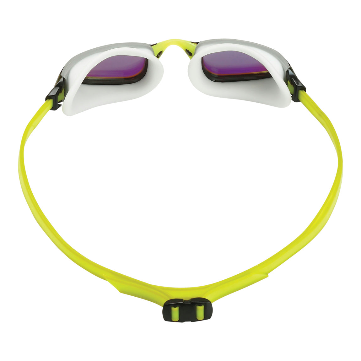 Aquasphere Fastlane swim goggles with yellow mirrored lens and white and yellow frame, view from behind showing the strap