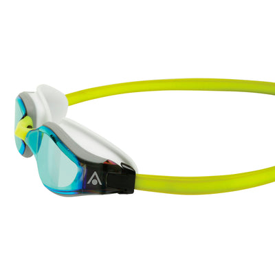 Aquasphere Fastlane swim goggles with yellow mirrored lens and white and yellow frame, side detail view