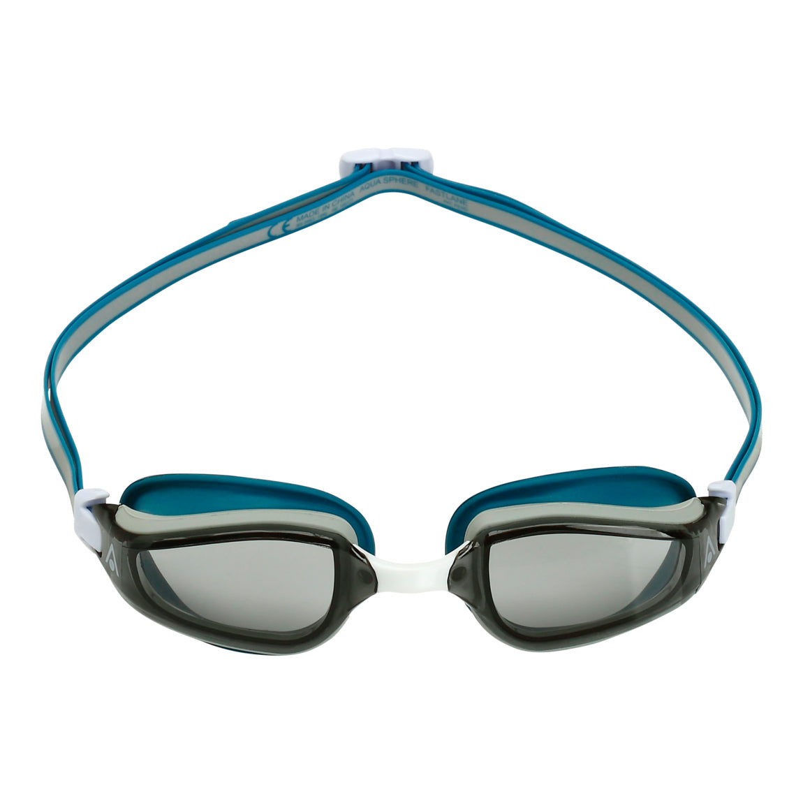 Aquasphere Fastlane swim goggles with smoke lens and petrol frame, front view