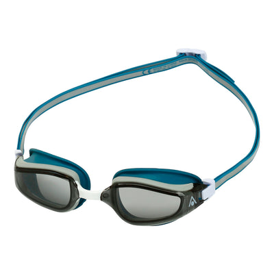 Aquasphere Fastlane swim goggles with smoke lens and petrol frame, angled view