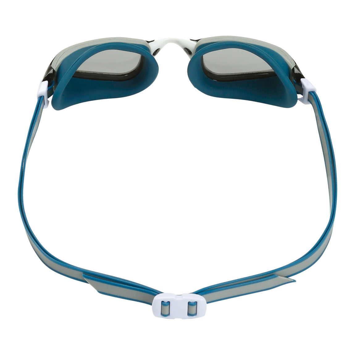 Aquasphere Fastlane swim goggles with smoke lens and petrol frame, view from behind showing the strap