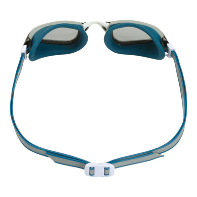Aquasphere Fastlane swim goggles with smoke lens and petrol frame, view from behind showing the strap