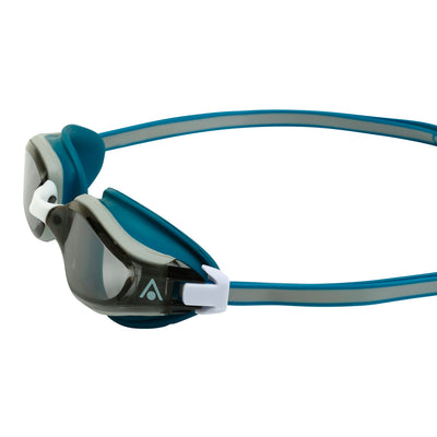 Aquasphere Fastlane swim goggles with smoke lens and petrol frame, side detail view