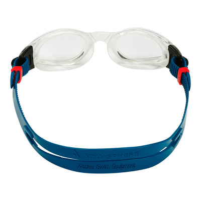 Aquasphere Kaiman swim goggles with clear lens and petrol frame, view from behind showing the strap