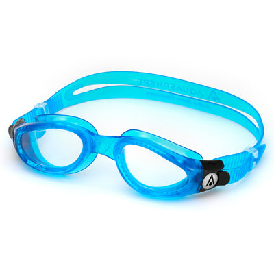 Aquasphere Kaiman swim goggles with clear lens and sky blue frame, angled view