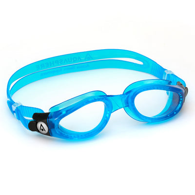 Aquasphere Kaiman swim goggles with clear lens and sky blue frame, second angled view