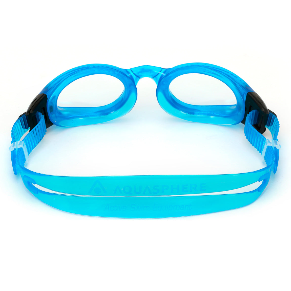 Aquasphere Kaiman swim goggles with clear lens and sky blue frame, view from behind showing the strap