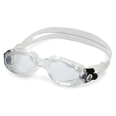 Aquasphere Kaiman swim goggles with clear lens and clear frame, angled view