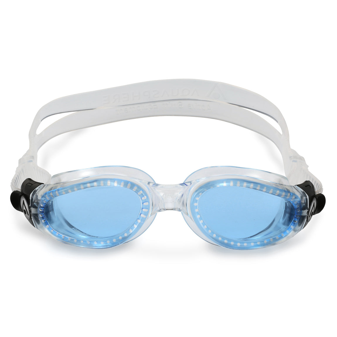 Aquasphere Kaiman swim goggles with blue tinted lens and clear frame, front view