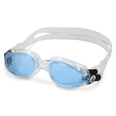 Aquasphere Kaiman swim goggles with blue tinted lens and clear frame, angled view