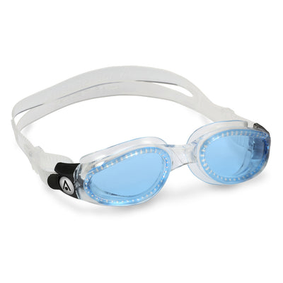 Aquasphere Kaiman swim goggles with blue tinted lens and clear frame, second angled view