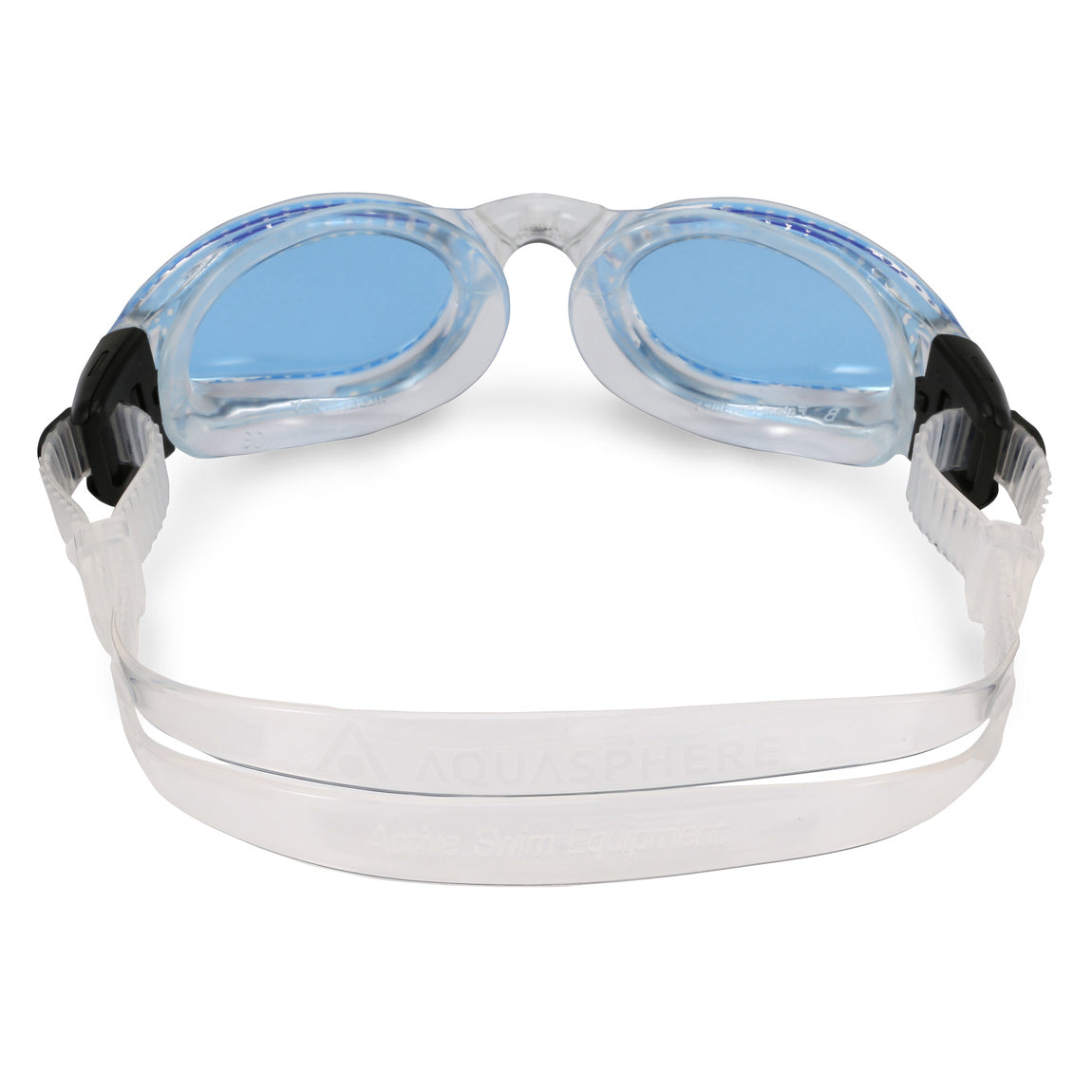 Aquasphere Kaiman swim goggles with blue tinted lens and clear frame, view from behind showing the strap