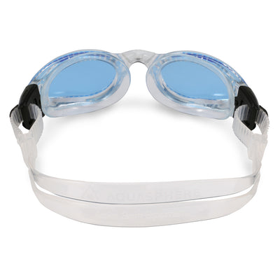 Aquasphere Kaiman swim goggles with blue tinted lens and clear frame, view from behind showing the strap