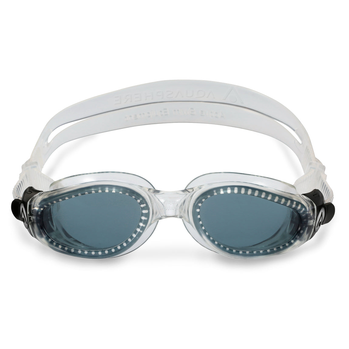 Aquasphere Kaiman swim goggles with smoke lens and clear frame, front view