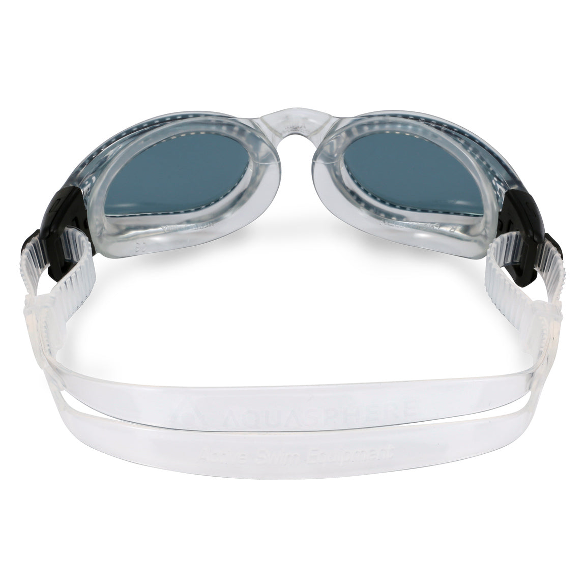 Aquasphere Kaiman swim goggles with smoke lens and clear frame, view from behind showing the strap
