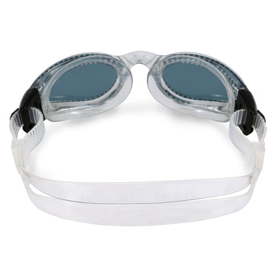 Aquasphere Kaiman swim goggles with smoke lens and clear frame, view from behind showing the strap