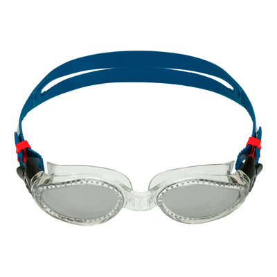 Aquasphere Kaiman swim goggles with silver mirrored lens and petrol frame, front view