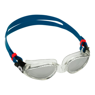 Aquasphere Kaiman swim goggles with silver mirrored lens and petrol frame, second angled view