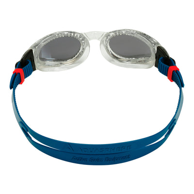 Aquasphere Kaiman swim goggles with silver mirrored lens and petrol frame, view from behind showing the strap