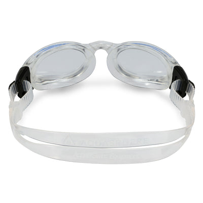 Aquasphere Kaiman swim goggles with clear lens and clear frame, view from behind showing the strap