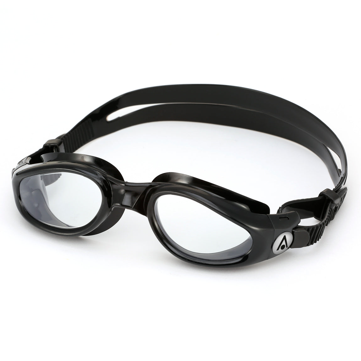Aquasphere Kaiman swim goggles with clear lens and black frame, angled view