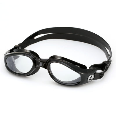 Aquasphere Kaiman swim goggles with clear lens and black frame, angled view