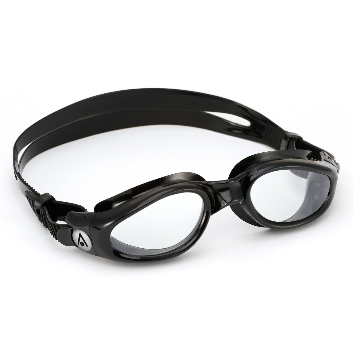 Aquasphere Kaiman swim goggles with clear lens and black frame, second angled view
