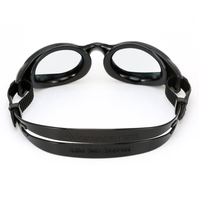 Aquasphere Kaiman swim goggles with clear lens and black frame, view from behind showing the strap