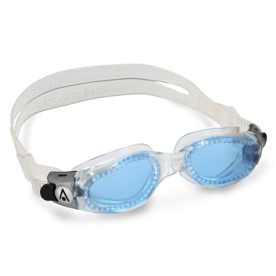 Aquasphere Kaiman Compact swim goggles with blue tinted lens and clear frame, angled view