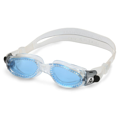 Aquasphere Kaiman Compact swim goggles with blue tinted lens and clear frame, second angled view