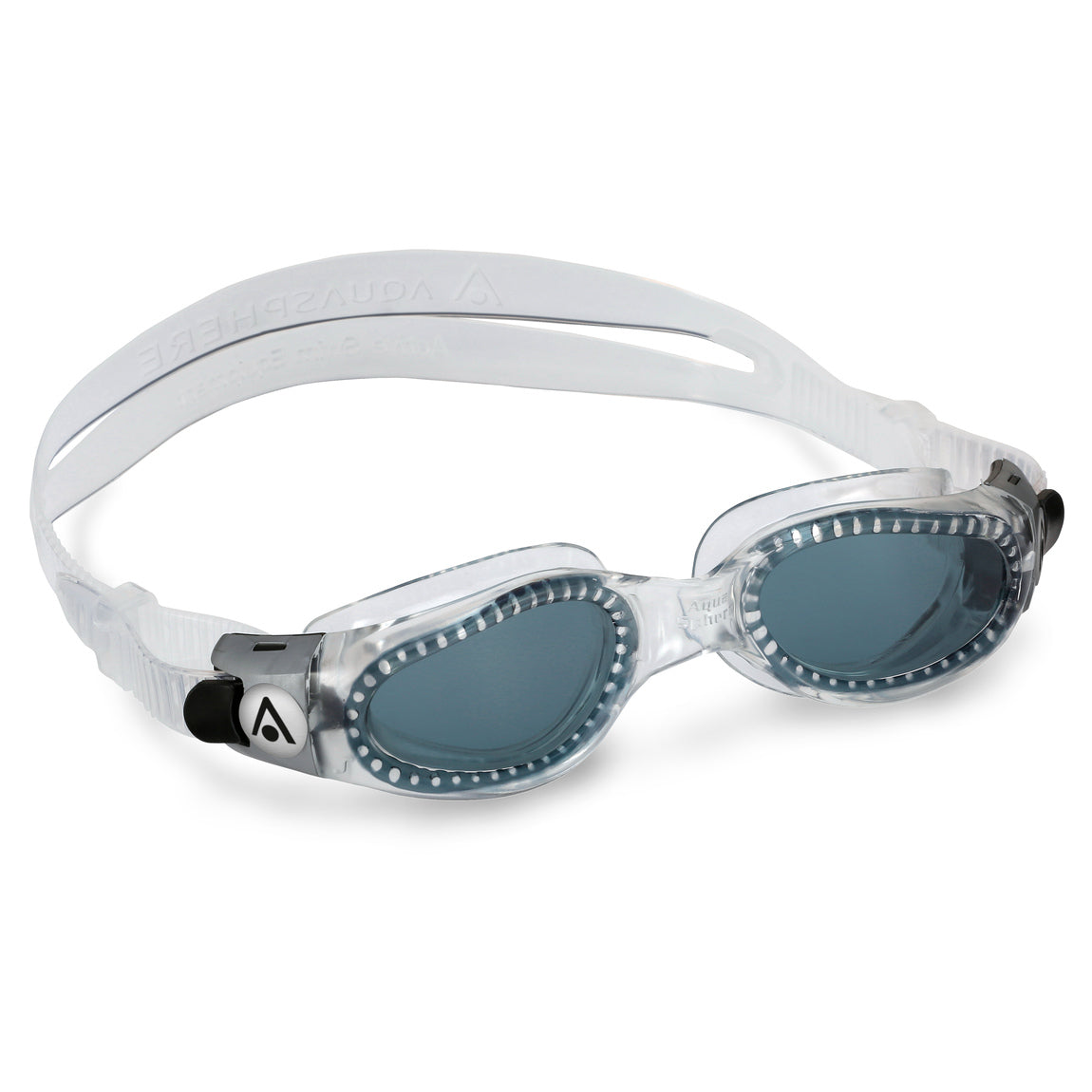 Aquasphere Kaiman Compact swim goggles with smoke lens and clear frame, angled view