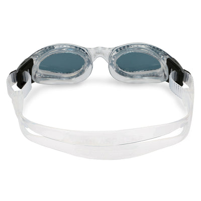 Aquasphere Kaiman Compact swim goggles with smoke lens and clear frame, view from behind showing the strap