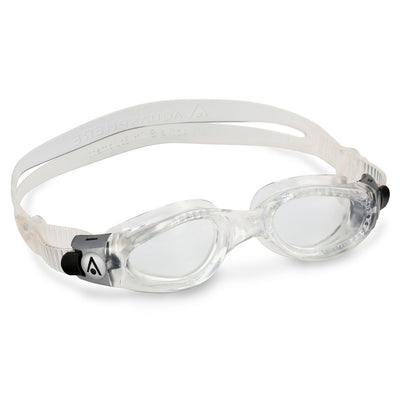Aquasphere Kaiman Compact swim goggles with clear lens and clear frame, angled view