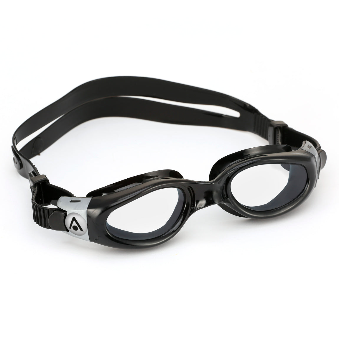 Aquasphere Kaiman Compact swim goggles with clear lens and black frame, angled view