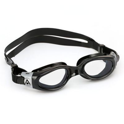 Aquasphere Kaiman Compact swim goggles with clear lens and black frame, angled view