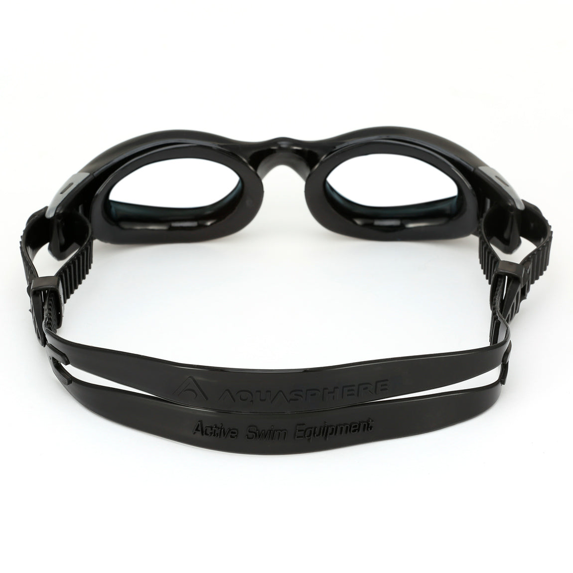 Aquasphere Kaiman Compact swim goggles with clear lens and black frame, view from behind showing the strap