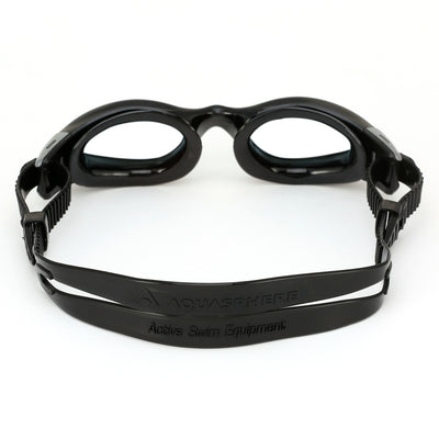 Aquasphere Kaiman Compact swim goggles with clear lens and black frame, view from behind showing the strap