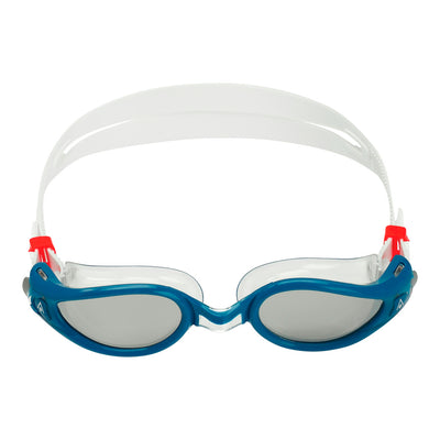 Aquasphere Kaiman Exo swim goggles with silver mirrored lens and petrol frame, front view
