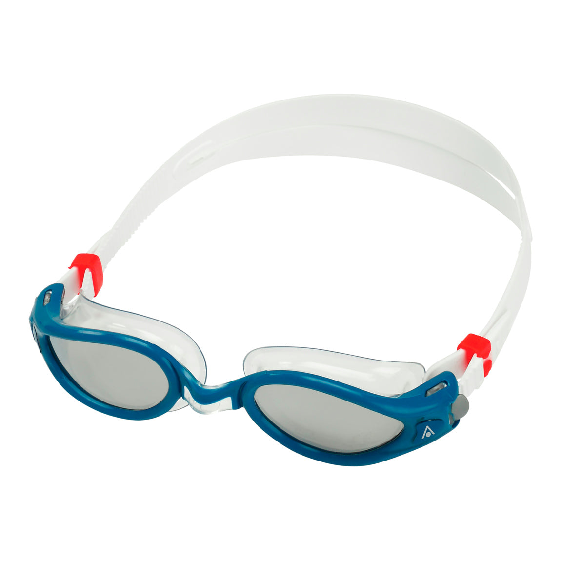 Aquasphere Kaiman Exo swim goggles with silver mirrored lens and petrol frame, front view