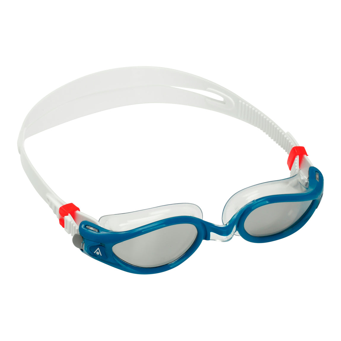 Aquasphere Kaiman Exo swim goggles with silver mirrored lens and petrol frame, front view