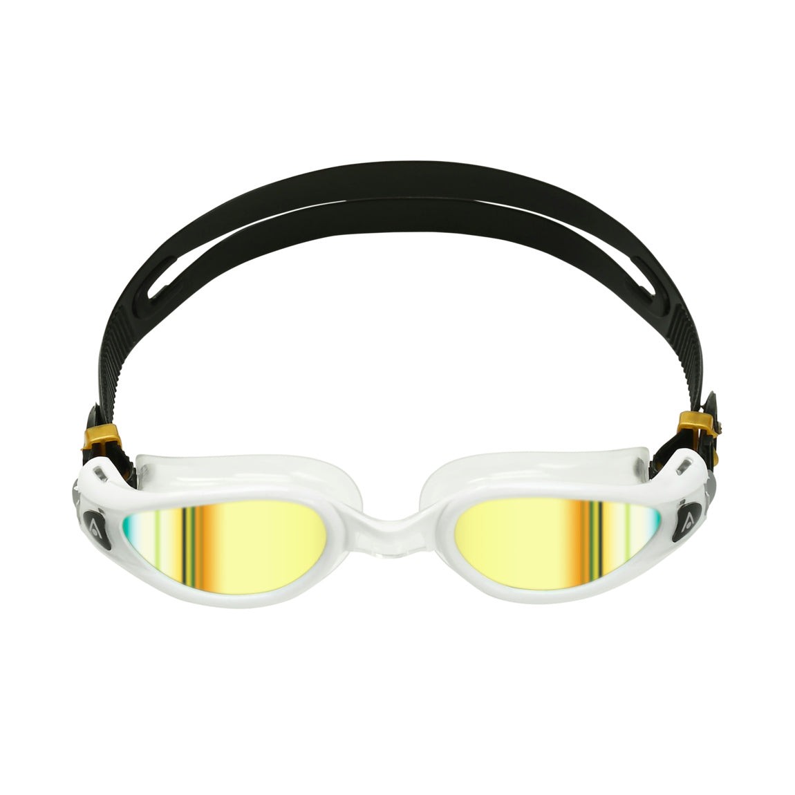 Aquasphere Kaiman Exo swim goggles with gold mirrored lens and white frame, front view