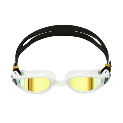 Aquasphere Kaiman Exo swim goggles with gold mirrored lens and white frame, front view